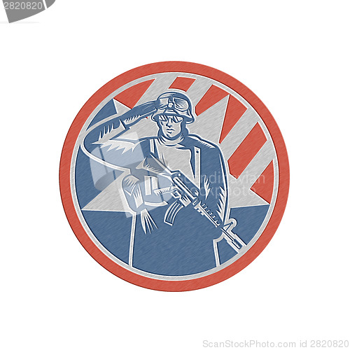 Image of Metallic American Soldier Salute Holding Rifle Retro