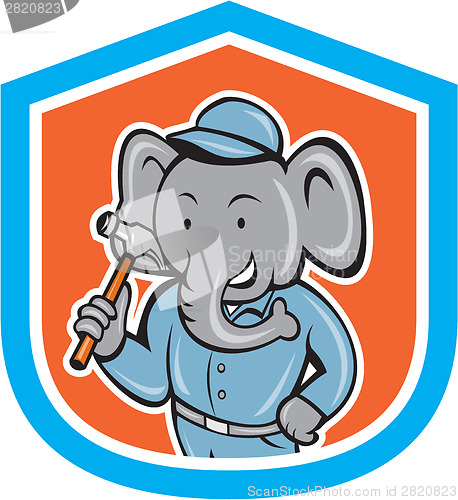 Image of Elephant Builder Holding Hammer Crest Cartoon