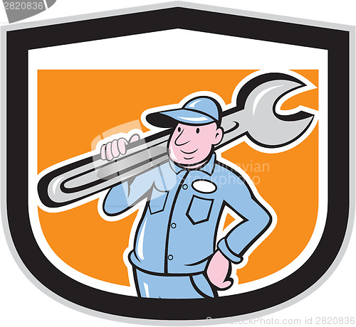 Image of Plumber Holding Wrench Shield Cartoon