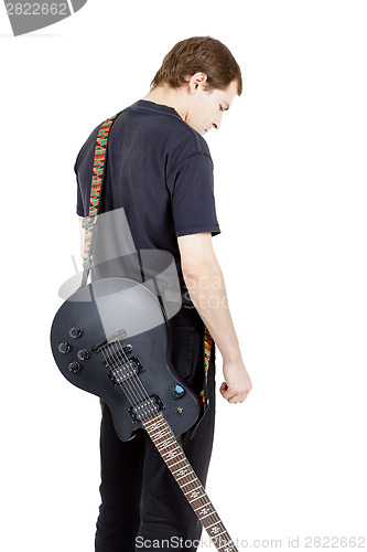 Image of Man on a white background. Performer with an electric guitar