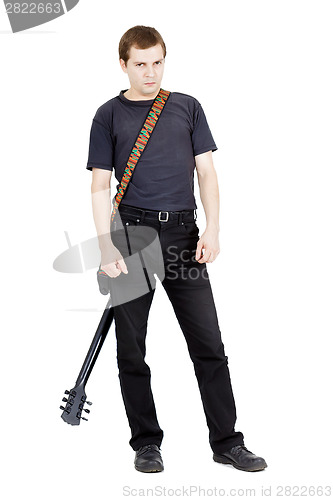 Image of Man on a white background. Performer with an electric guitar