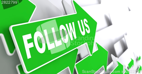 Image of Follow Us on Green Direction Arrow Sign.