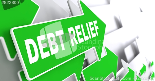 Image of Debt Relief on Green Direction Arrow Sign.