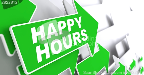 Image of Happy Hours on Green Direction Arrow Sign.