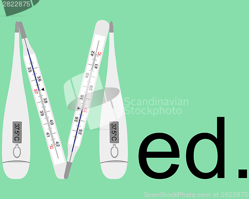 Image of analog and digital clinical thermometers as letter M