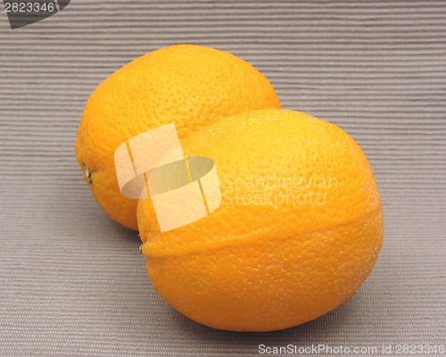 Image of Two oranges in front of a gray background