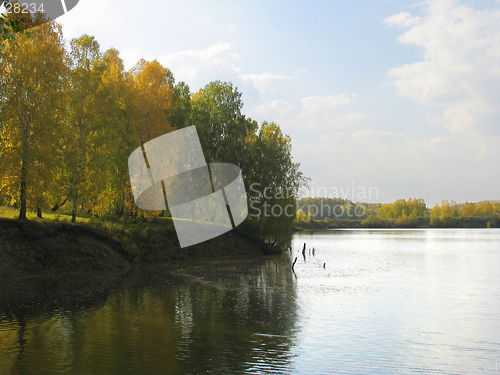 Image of Autumn view of lake and forest