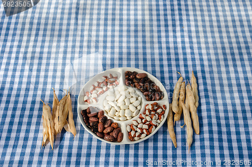 Image of plate dried beans mix pod on checked tablecloth 