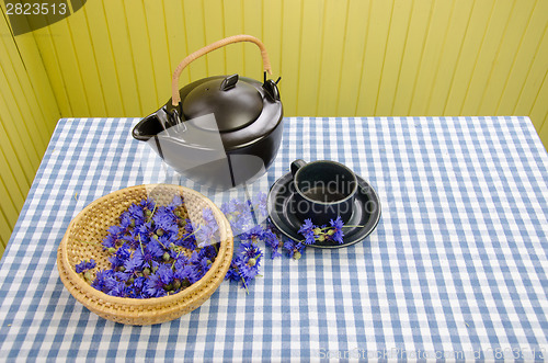 Image of fresh cornflower on wicker basket for vitality tea 