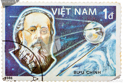 Image of Stamp printed in the Vietnam shows Konstantin Tsiolkovsky, 1st M