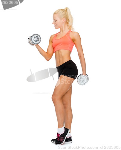 Image of smiling sporty woman with heavy steel dumbbells