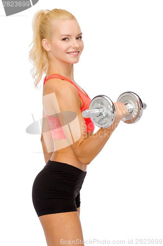 Image of young sporty woman with heavy steel dumbbell