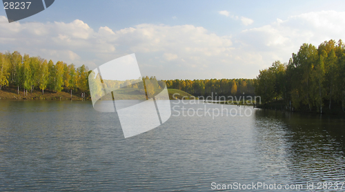 Image of Autumn view of lake and forest