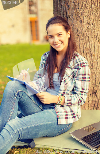 Image of smiling teenager writing in notebook