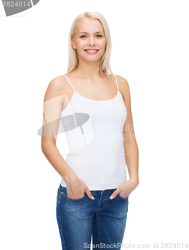 Image of smiling woman in blank white t-shirt