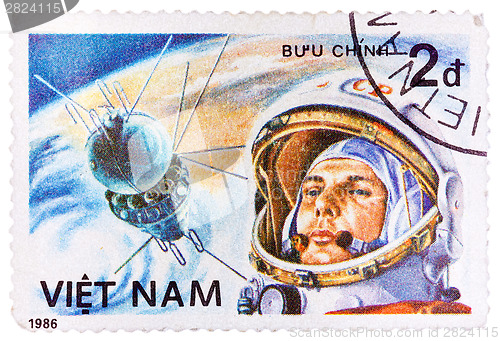 Image of Postage stamp printed in Vietnam shows first spaceman Yuri Gagar