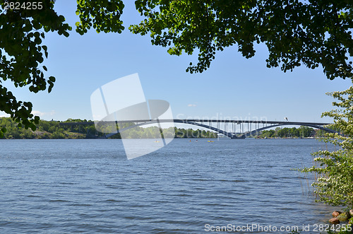 Image of View at one of the many bridges in the green city of Stockholm -