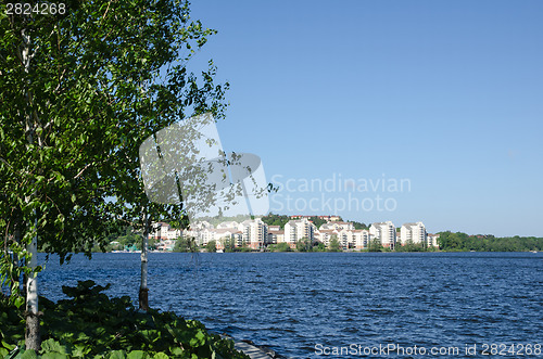 Image of Stockholm - the green city. View at lake Malaren and a suburban 