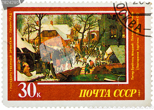 Image of Stamp printed in the Russia, shows draw by artist Pieter Bruegel