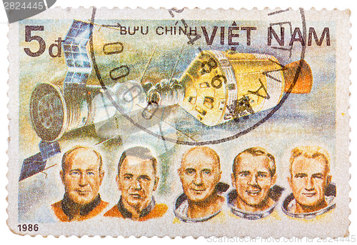 Image of Stamp printed in Vietnam shows Apollon Soyuz Test Project crew S