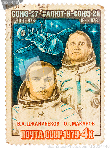 Image of Stamp printed by Russia, shows Djanibekov and Makarov, Spacecraf