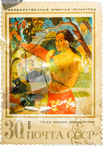 Image of Stamp printed in the USSR shows Woman with Fruit, by Gauguin