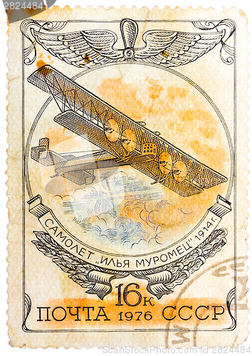 Image of Stamp printed in the USSR showing Ilja Muromec biplane