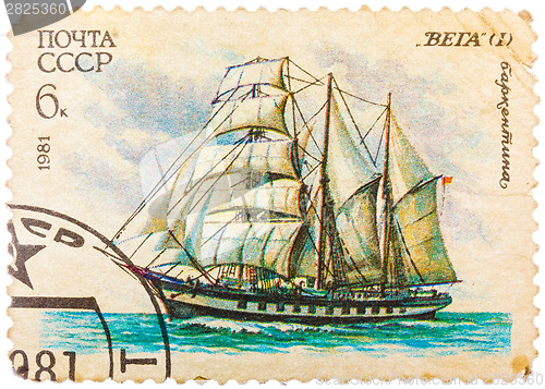 Image of Stamp printed in former SOVIET UNION shows a Barquentine Vega, c