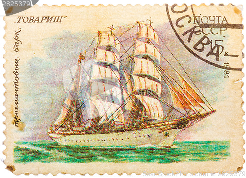 Image of Stamp from the USSR shows image of the 4 masted bark Tovarich I