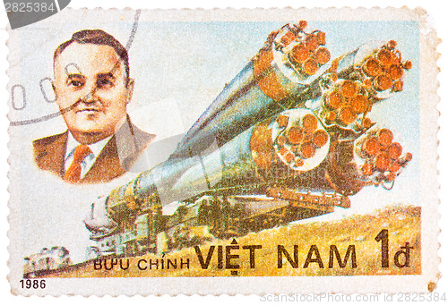 Image of Stamp printed in the Vietnam shows Korolev spacecraft designer a