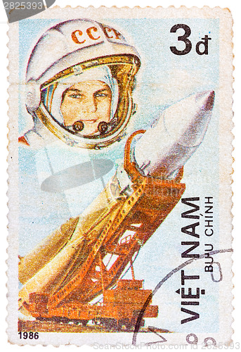 Image of Postage stamp printed in Vietnam shows first spaceman Yuri Gagar