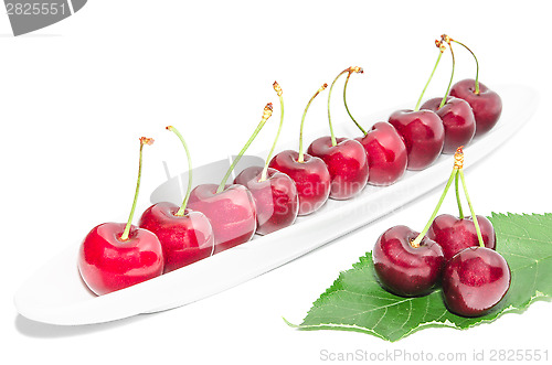 Image of Big dark red ripe cherry berry row arranged on long white dish