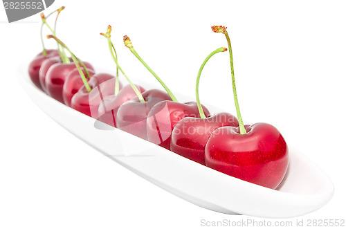 Image of Appetizing ripe cherry berry row on long olive dish