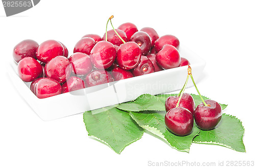 Image of Dark vinous cherry berries served in square white dish