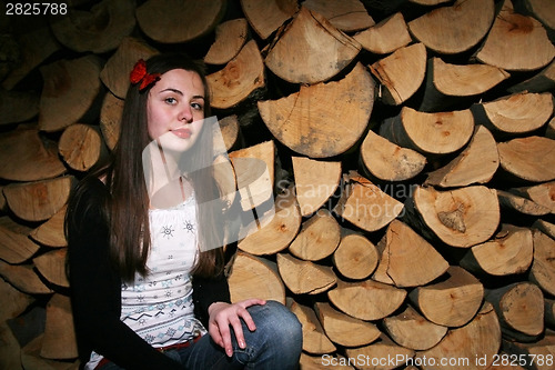 Image of Young woman posing with chopped wood