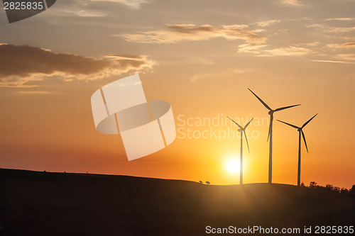 Image of wind generator turbines on sunset