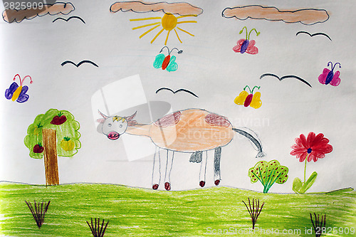 Image of children's drawing of cow grazing on the pasture