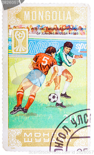 Image of Stamp printed in Mongolia shows Football world championship of j