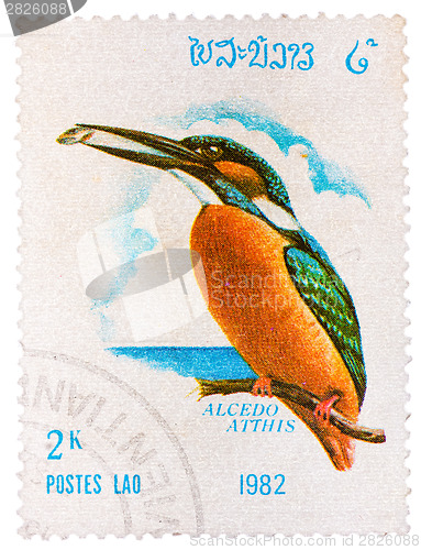 Image of Stamp printed in LAOS shows Common Kingfisher (Alcedo atthis), f