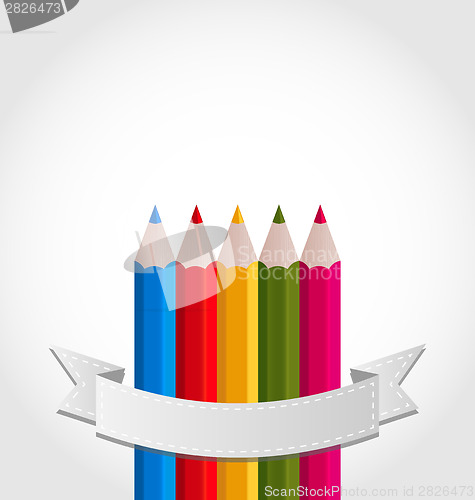 Image of Colorful pencils with ribbon, on white background