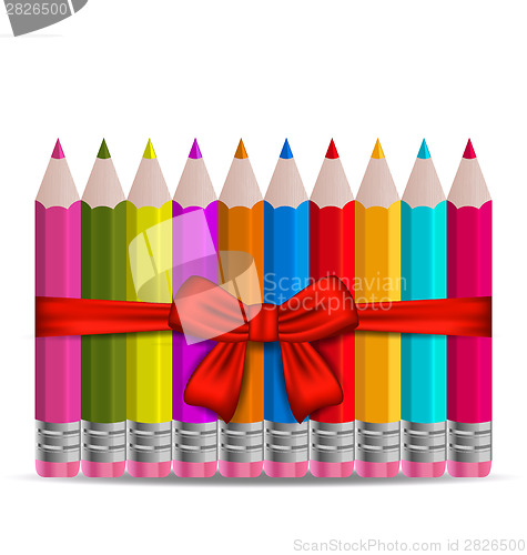 Image of Set colorful pencils decorated by bow on white background