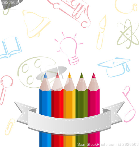 Image of Colorful pencils with ribbon, on pictogram  background