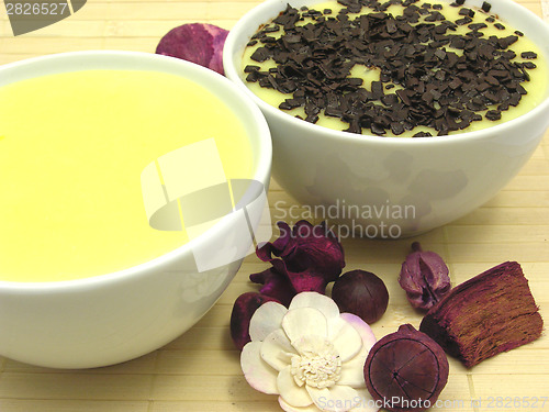 Image of Custards with and without grated chocolate in bowls of china war