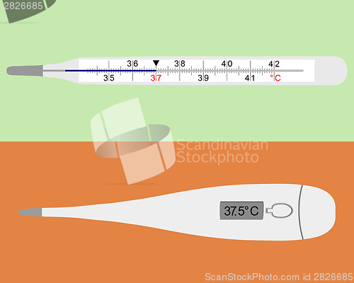 Image of Illustration of analog and digital clinical thermometers on gray