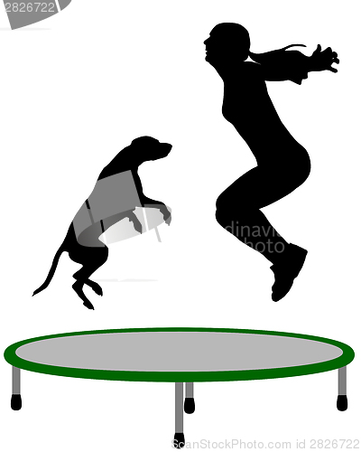 Image of Woman and dog trampoline