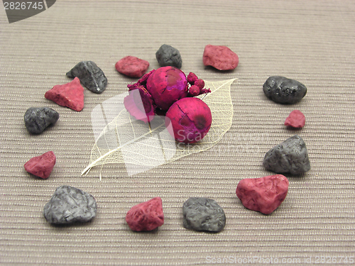 Image of Colored decoration material arranged on gray background