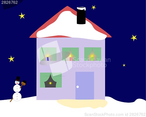 Image of Christmas house with snowman in front