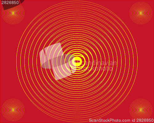 Image of Four small and one big  yellow circles on red background