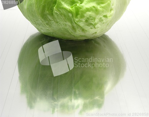 Image of Green iceberg lettuce on gray reflecting mat 