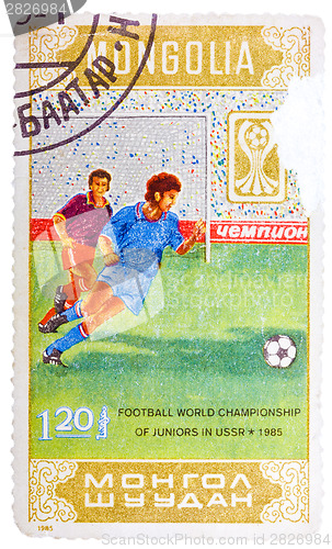 Image of Stamp printed in Mongolia shows Football world championship of j